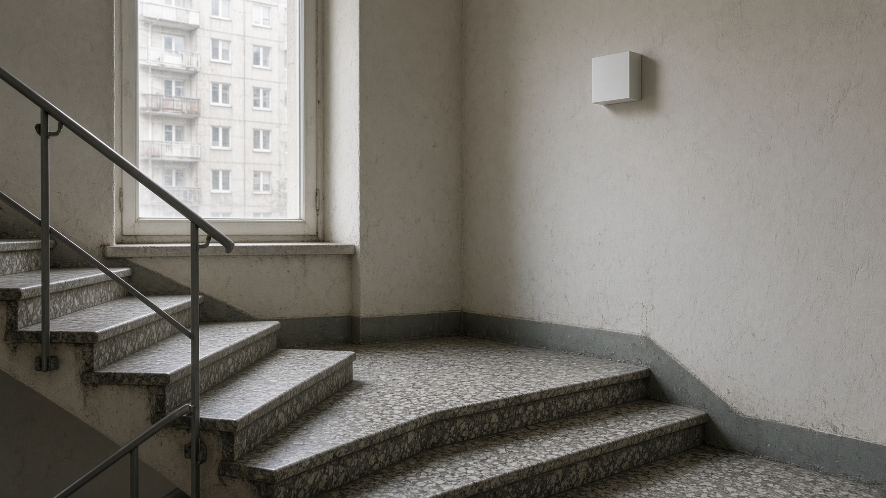 Casa scării a unui bloc, cu un detector alb montat sus pe perete, lângă fereastră